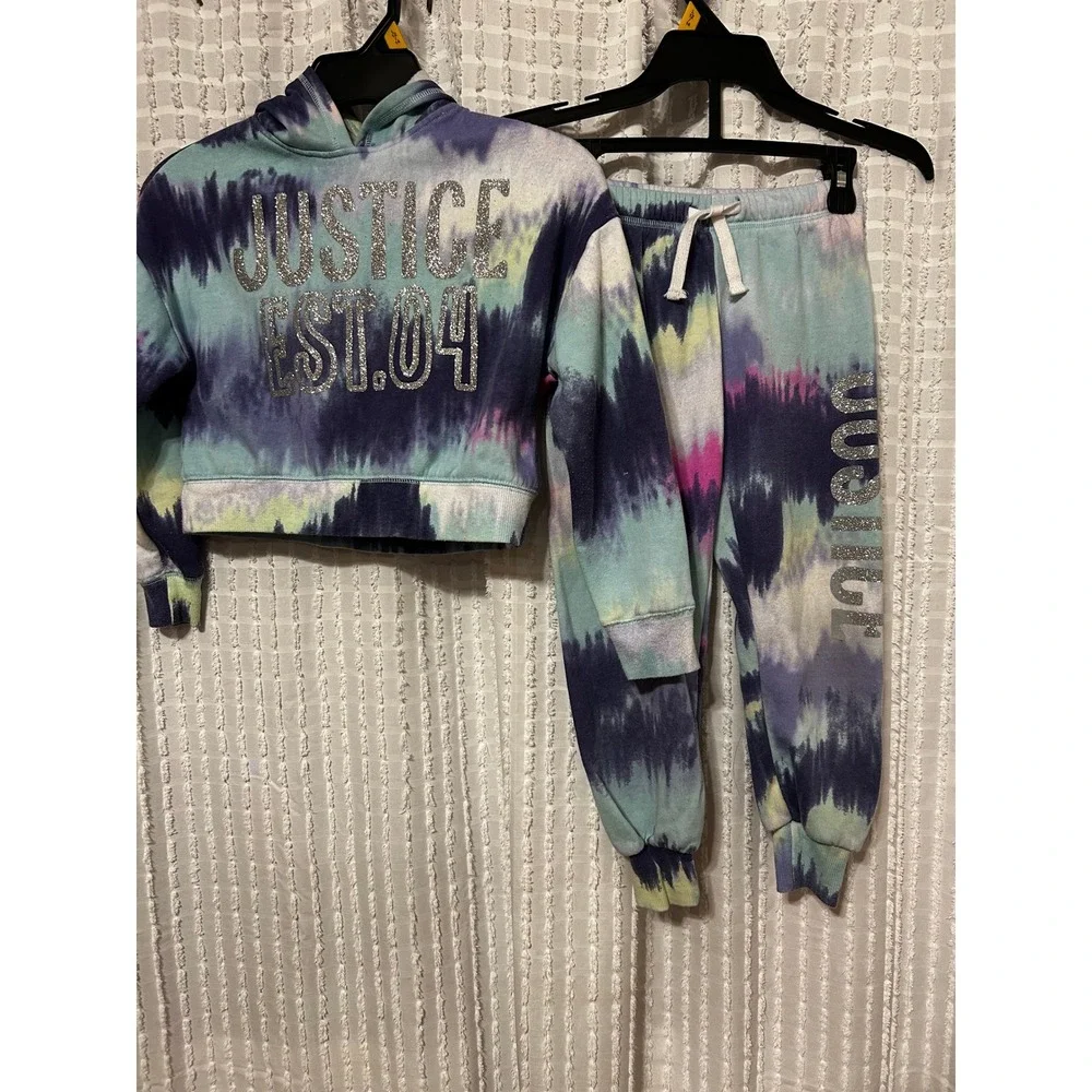 Justice Girls XS 5/6 Tie Dye Cropped Hoodie and Joggers Set Glitter Logo